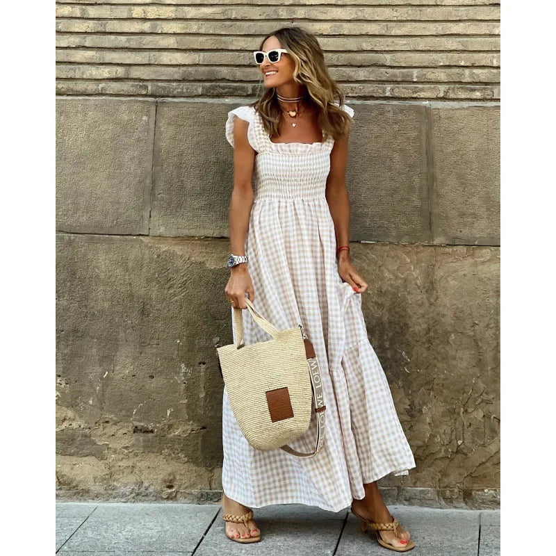 Flowy Plaid Backless Maxi Dress with Elastic Waist for Women