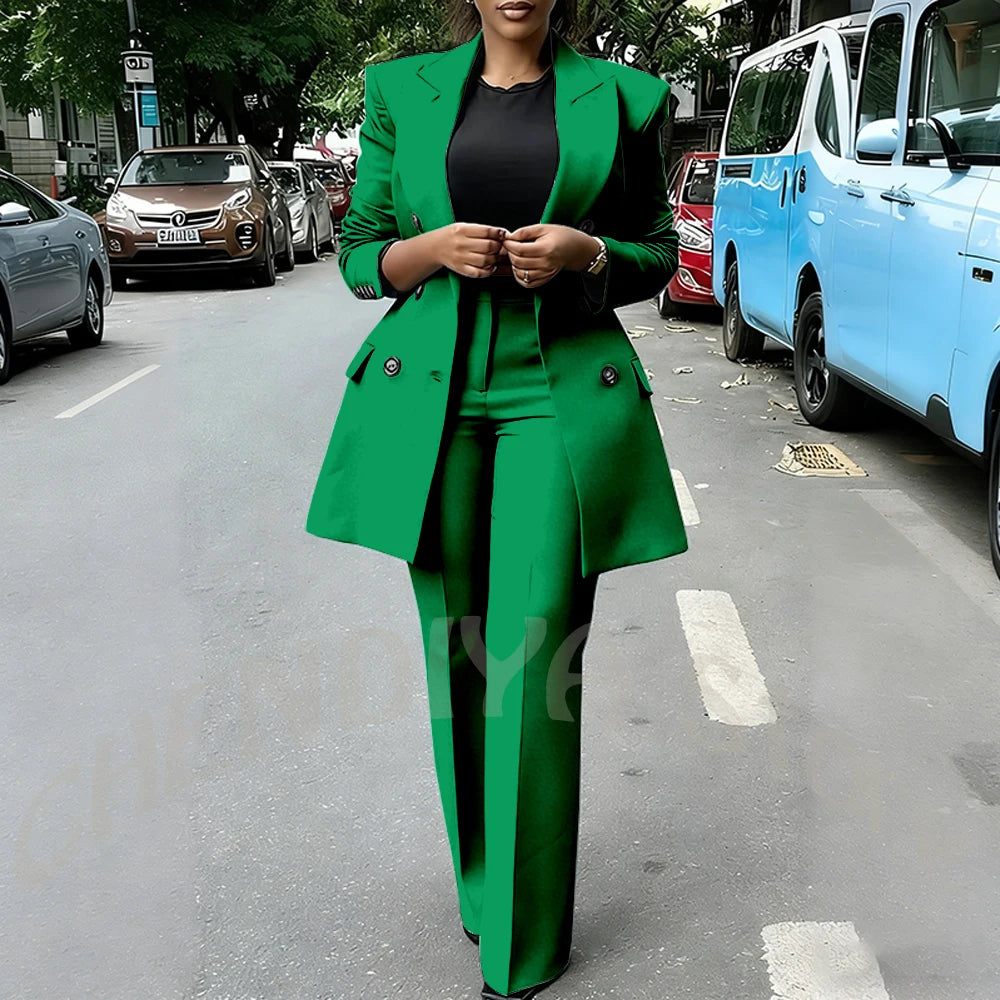 High Quality Women Suits Double Breasted Straight Formal 2 Piece Jacket Pants Peak Lapel High Street Daily Office Casual Suit