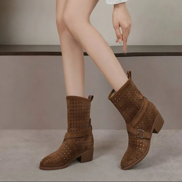 Brown Suede Western Cowboy Boots With Belt Buckle And Pointed Toe for Women