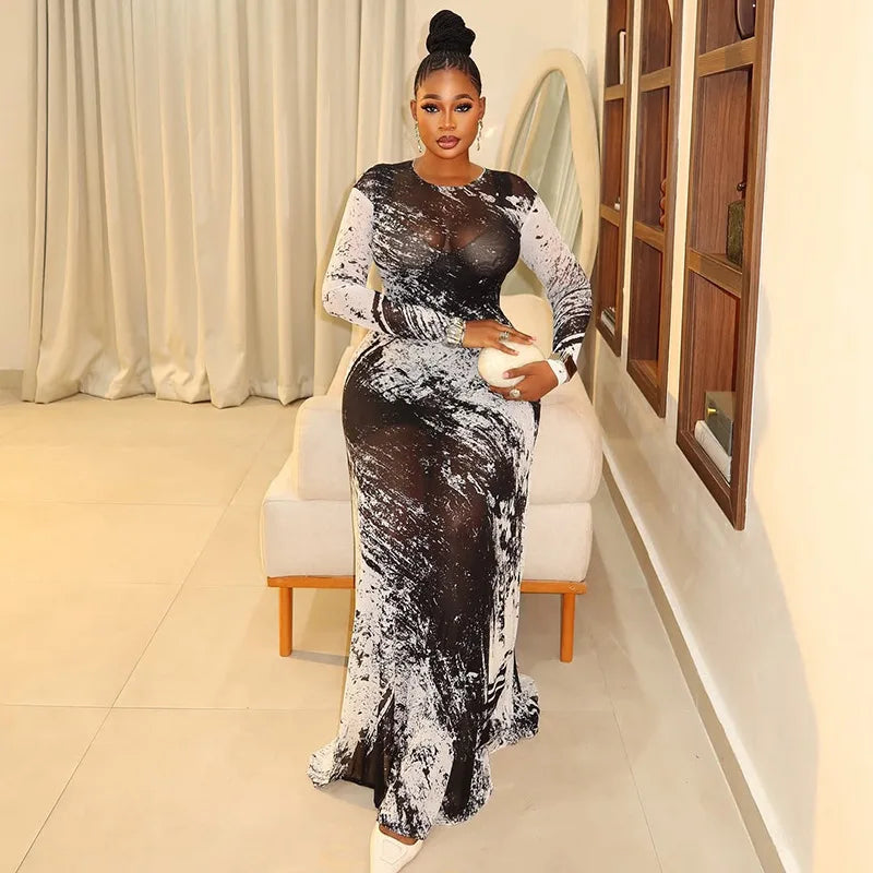 Long Sleeve Mesh Maxi Dress with Stripe Print for Women
