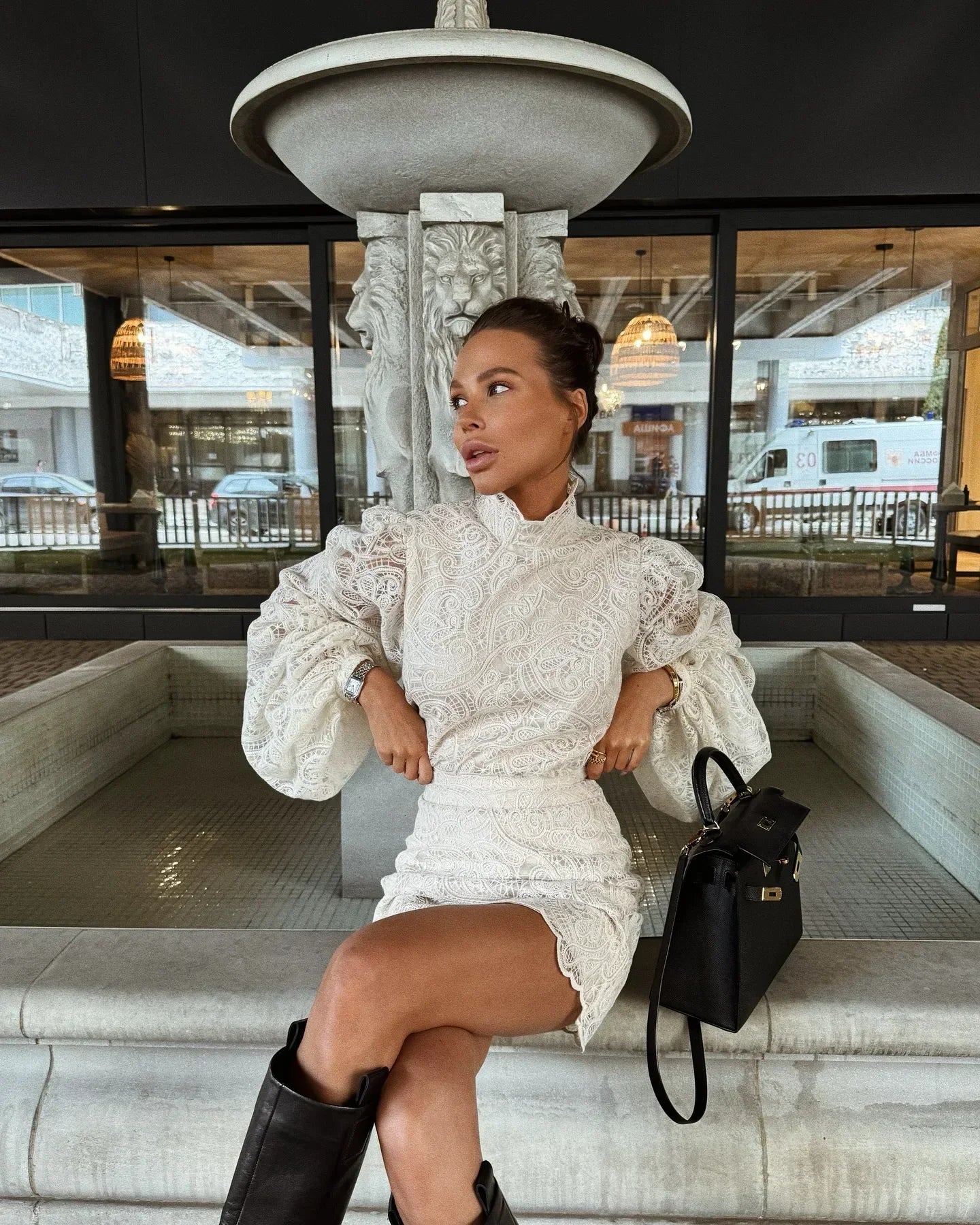 Lady Elegant Hollow Out Lace Short Dresses Trendy Long Sleeve High Neck Mini Vestidos 2025 New Chic Autumn Night Club Gown