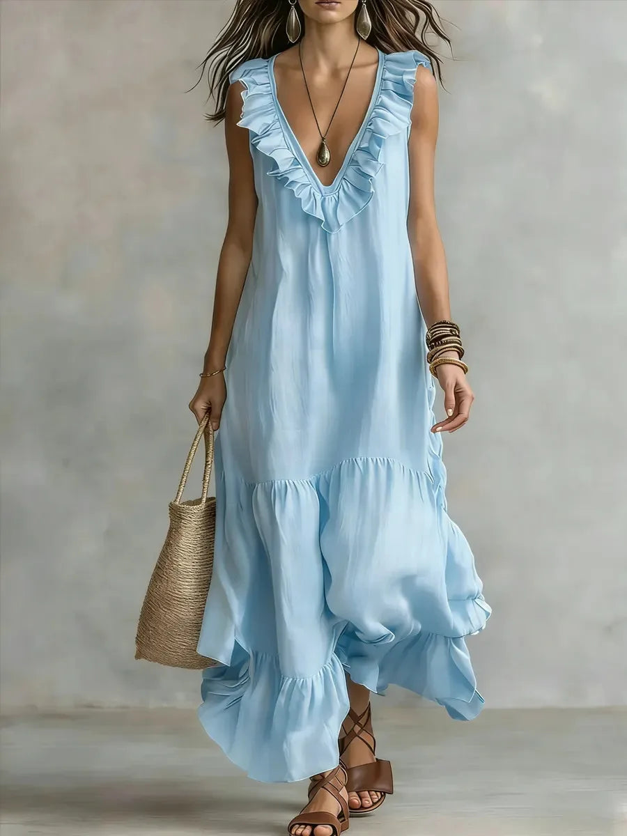 Spaghetti Strap V Neck Ruffle Trim Tiered Loose Flowy Maxi Dress for Women