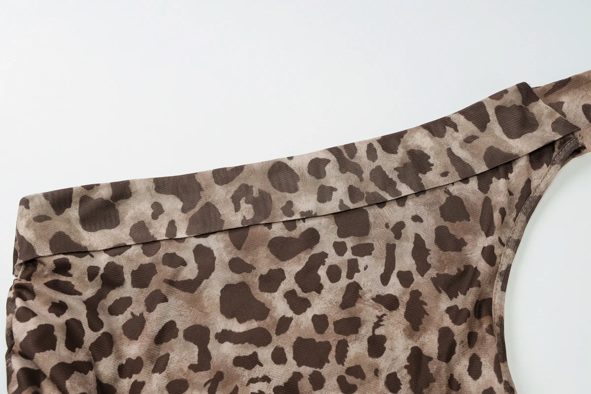 Leopard Print One Shoulder Slim Crop Tank Top for Women