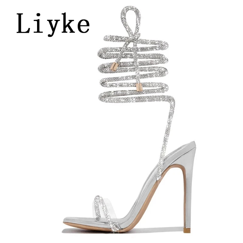 Crystal Rhinestones Ankle Strap High Heel Sandals for Women