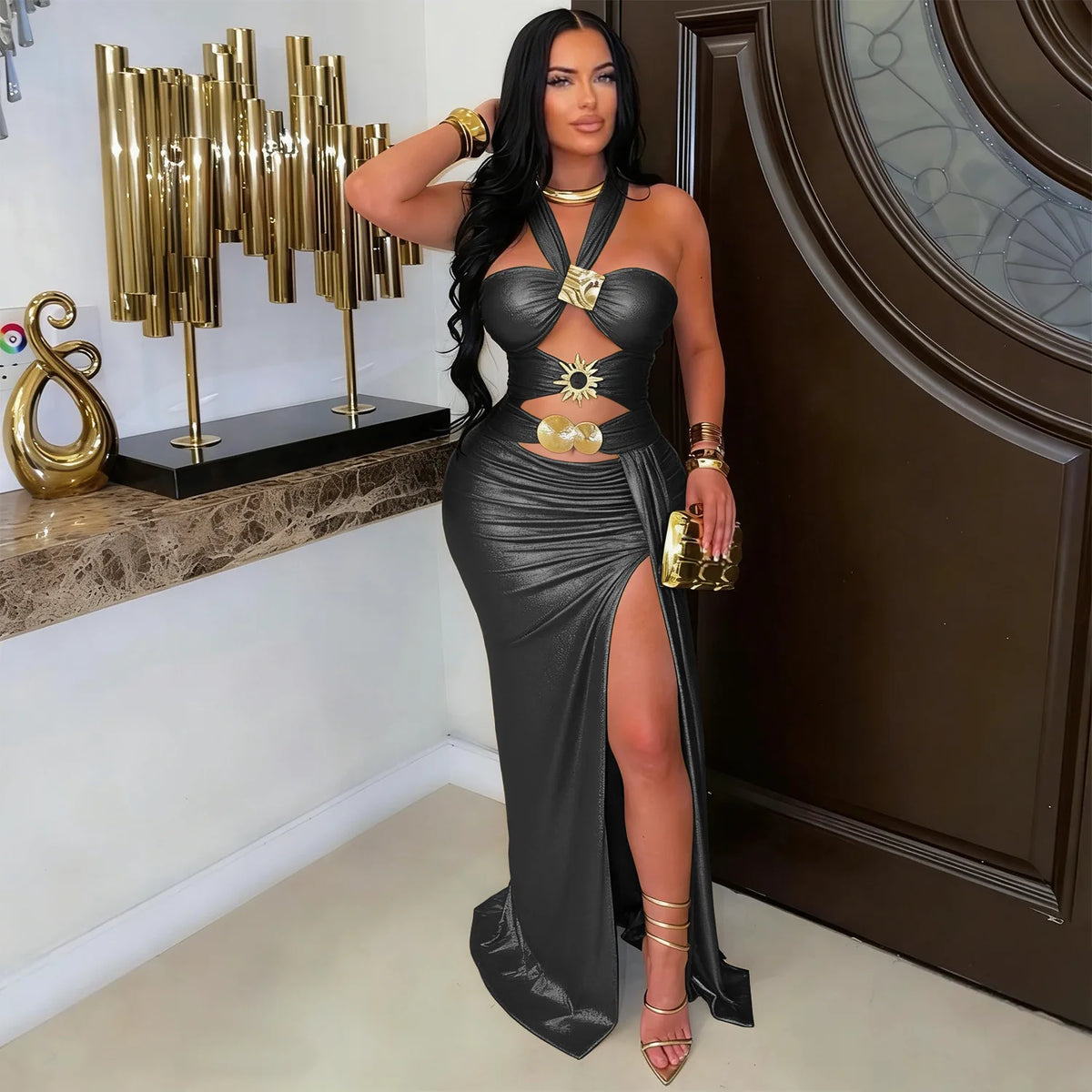 Sleeveless Halter Backless Slit Bodycon Maxi Dress for Women