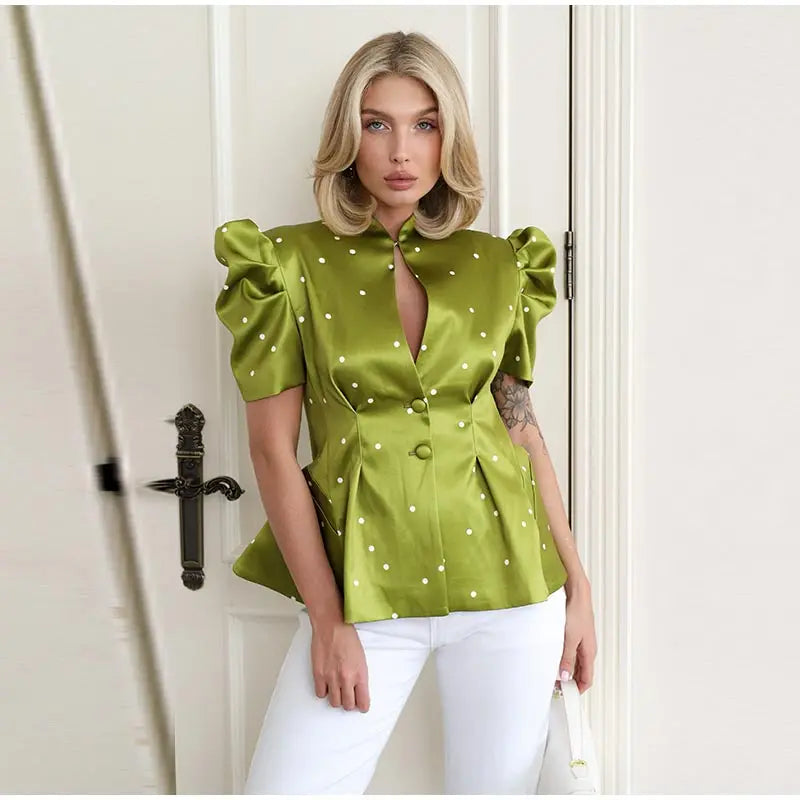 Elegant Printed Puff Sleeve Stand Collar Shirt for Women