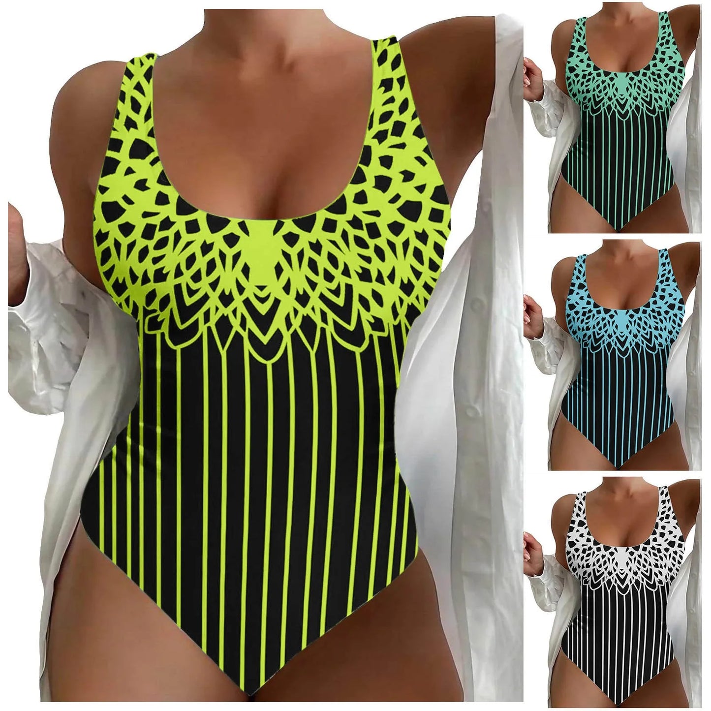 Plus Size U Neck Striped Print Figure Shaping Swimsuit for Women