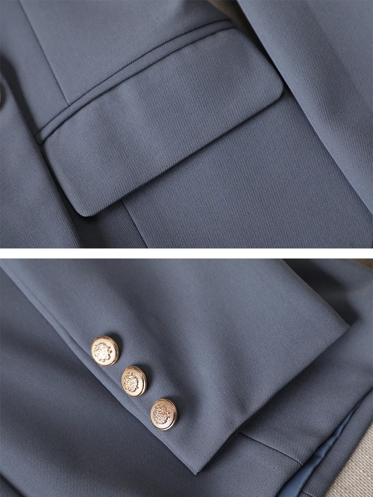 Gray Black Blue White Fashion Women Pant Suit Long Sleeve Solid Ladies Blazer and Trouser Formal 2 Piece Set For Autumn Winter