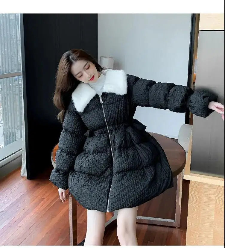 Women Cotton Padded Jacket Coat Female Winter Student Clothing Big Fur Collar Fashionable Medium To Long Parkas