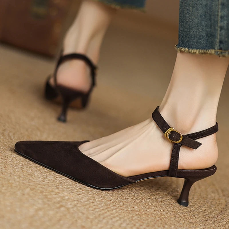 Black Pointed Leather Ankle Strap Heels