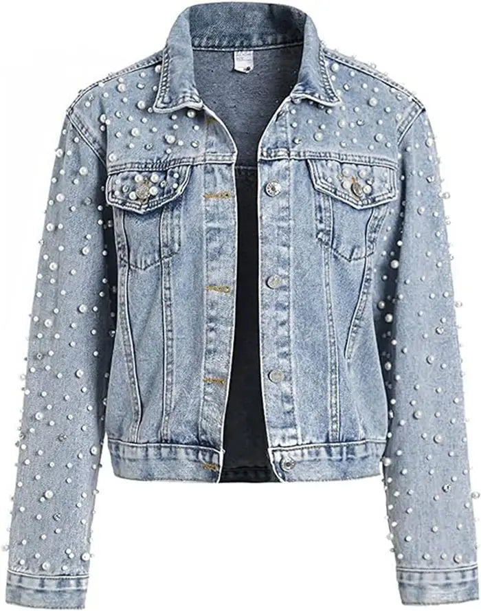 Pearl Beaded Lapel Long Sleeve Denim Jacket for Women