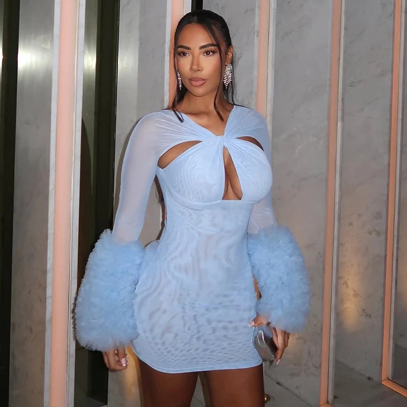 Weird Puss Furry Patchwork Dress Women See Through Full Sleeve Sexy Hollow Cross Elegant Luxury Banquet Birthday Party Clubwear
