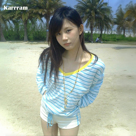 Karrram Japanese Y2k Blue Striped T-shirt Korean 2000s Style V-neck Long Sleeve T Shirt Vintage Harajuku Off Shoulder Loose Tops