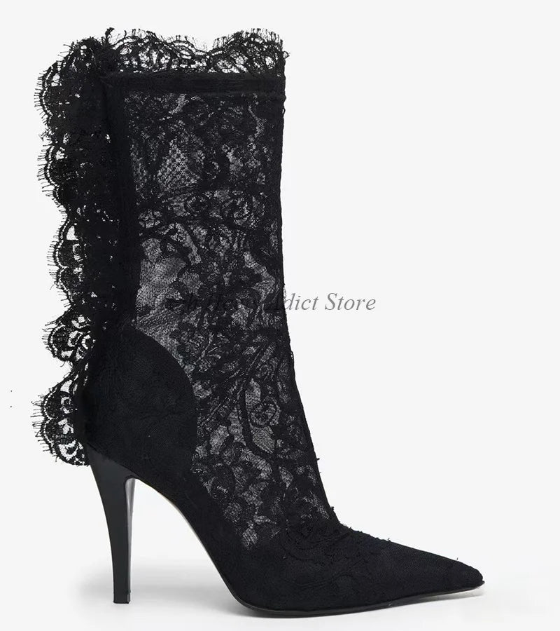 Lace Embroidered Pointed Toe High Heel Ankle Boots For Women