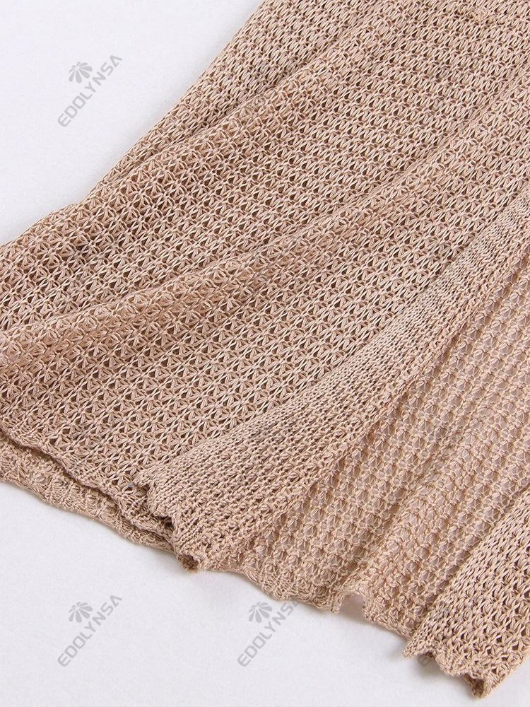 Sexy Slim Low-cut Tie Knit Halter Cut Out Circle Decoration High Slit Beach Maxi Dress 2025 Women Summer Swimsuit Cover Up K88