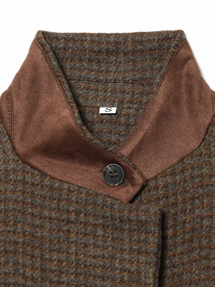 Elegant Grid Stand Collar Loose Single Breasted Woolen Coat for Women