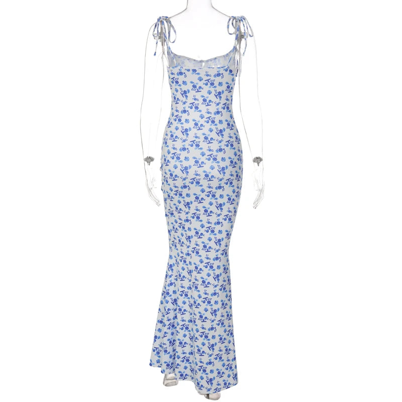 Sleeveless Floral Print Lace Up Backless Maxi Dress for Women