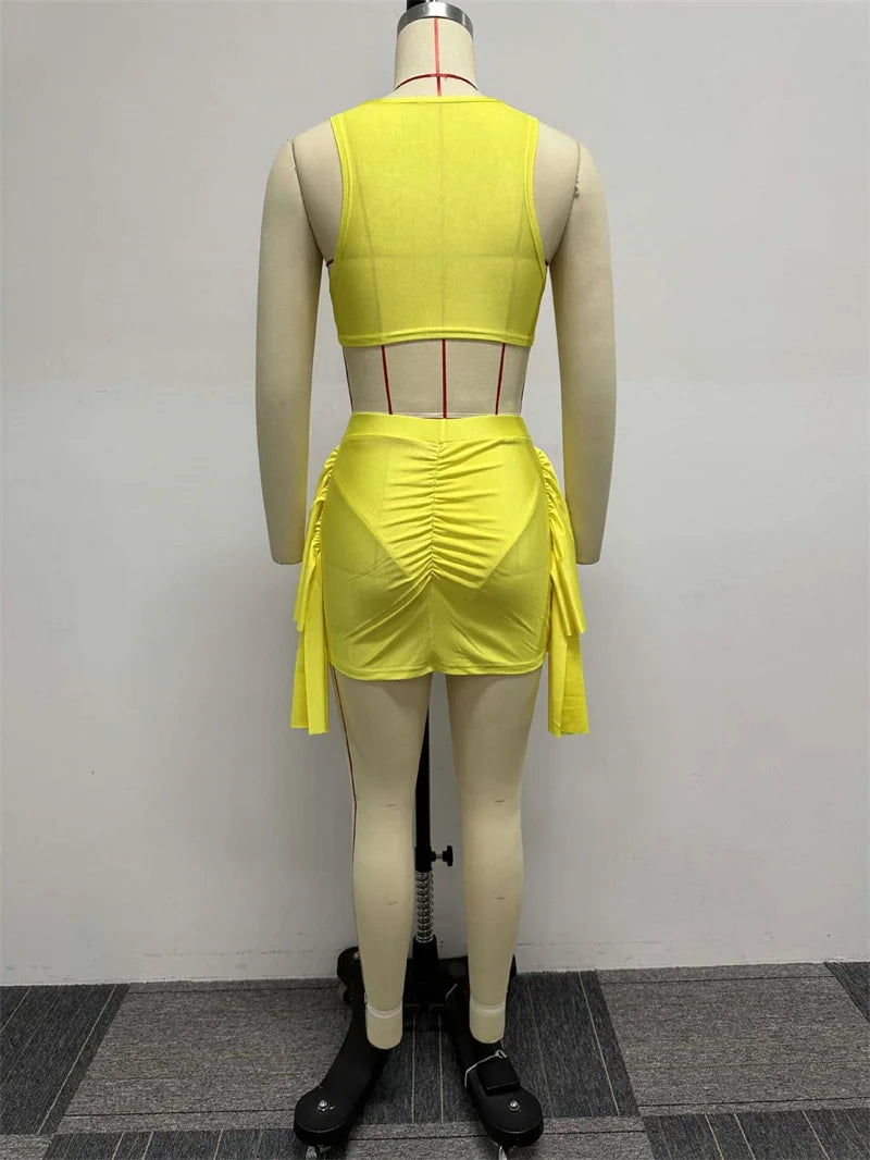 Sexy Mesh See-through Patchwork 2 Piece Sets Women Outfit Festival Clothing Tank Crop Top and Mini Skirt Set Night Club Outfits