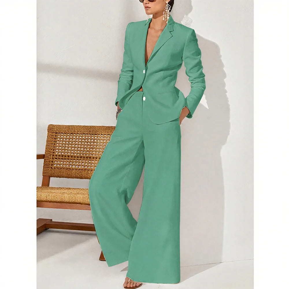 Summer Linen Women Pants Sets White Fashion Notch Lapel Single Breasted 2 Piece Elegant Chic Daily Casual Office Female Suit