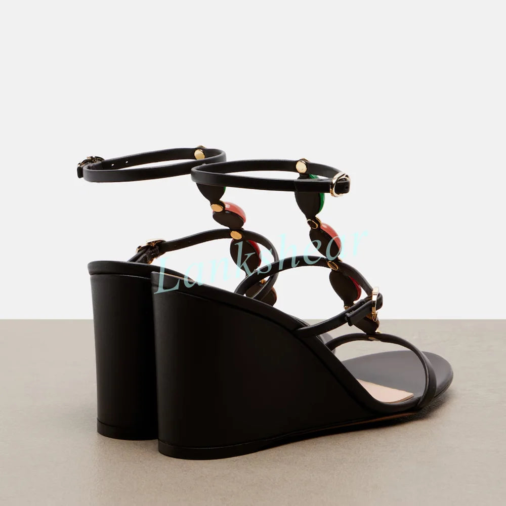 Multicolor Stone Embellished Ankle Buckle Wedge Sandals for Women