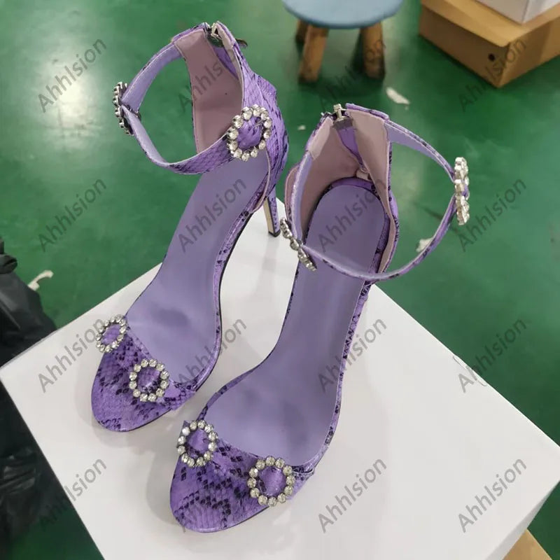 Elegant Purple Crystal Zippered Stiletto Sandals For Women