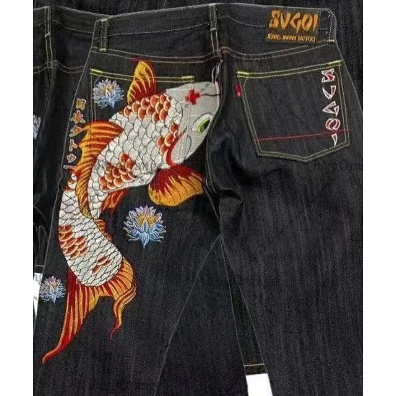Japanese hip-hop Brocade carp printed jeans same style couple washed high waist retro casual loose ins straight wide leg pants