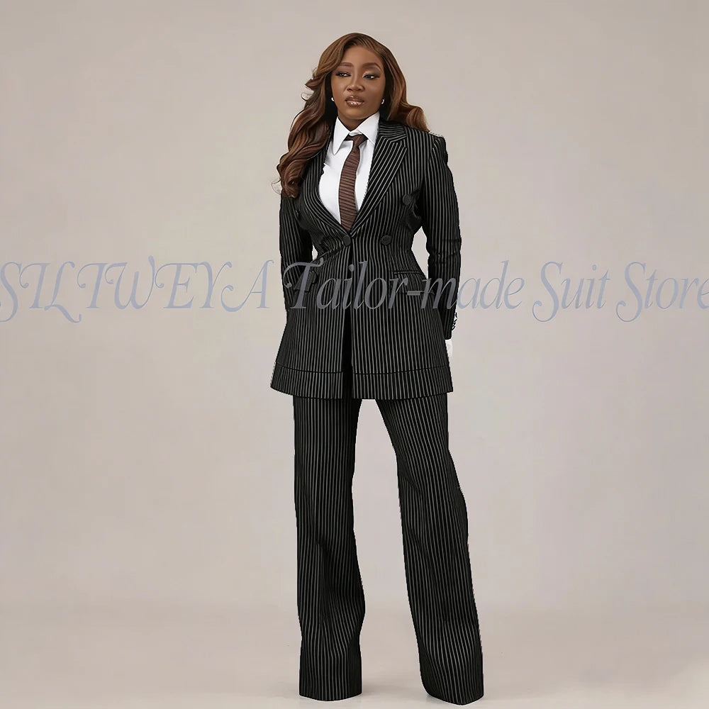 Slim Fit Brown Striped Blazer Set With Pants For Women