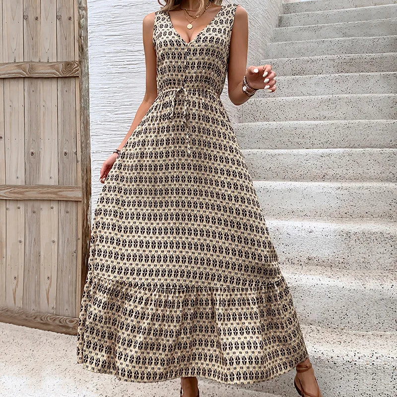 Printed Spaghetti Strap V-Neck Dress With Waist Tie for Women
