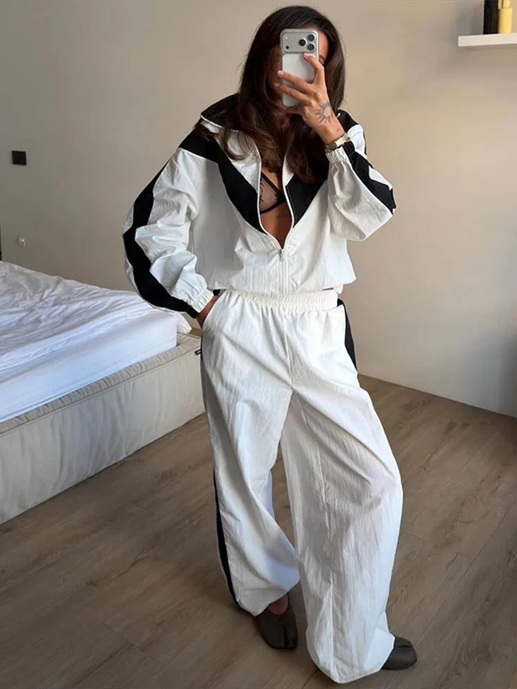Color Block Zip Up Tracksuit With High Waist Shorts For Women