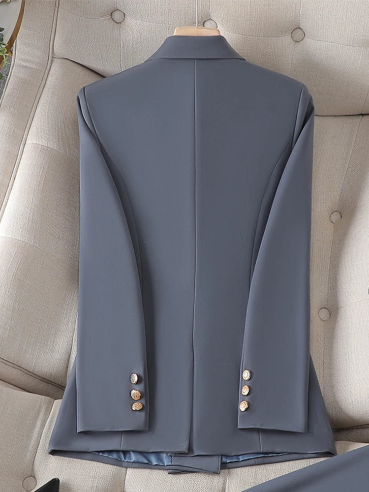 Gray Black Blue White Fashion Women Pant Suit Long Sleeve Solid Ladies Blazer and Trouser Formal 2 Piece Set For Autumn Winter