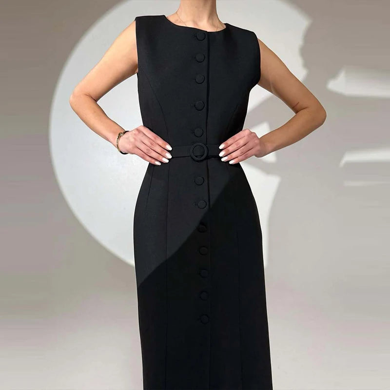 Elegant Temperament Slim Women's A-line Dress Summer Casual O Neck Button Office Dress Simple Solid Color Sleeveless Long Dress