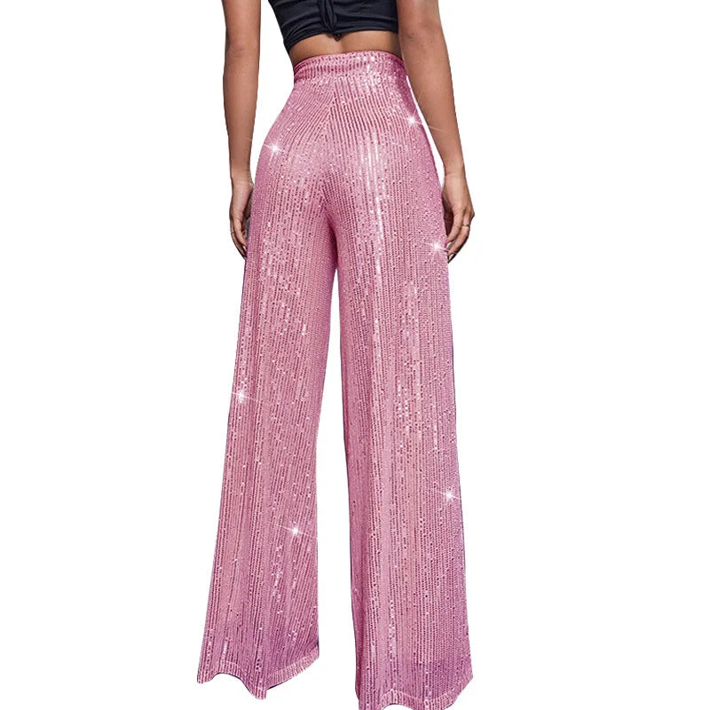 High Waist Sparkle Sequin Wide Leg Pants for Women