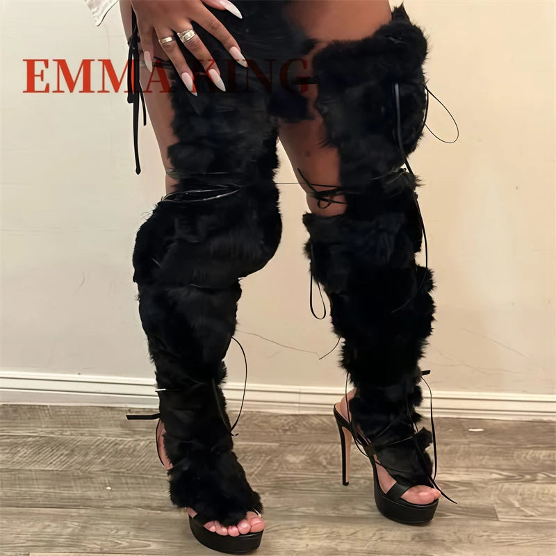 Faux Fur Wrap Cross Tied Platform Open Toe Sandals for Women