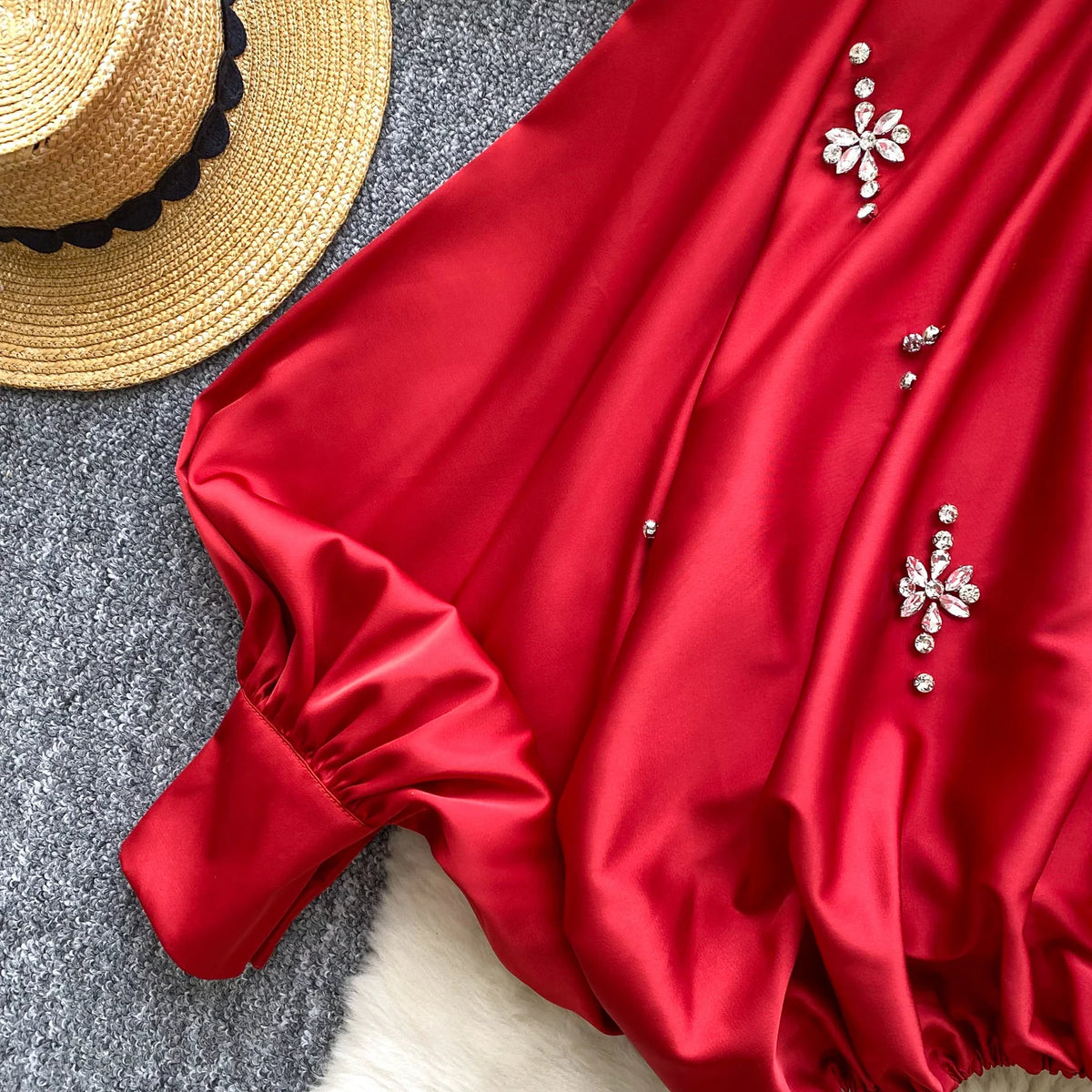 Elegant Beaded Satin Batwing Sleeve Blouse for Women