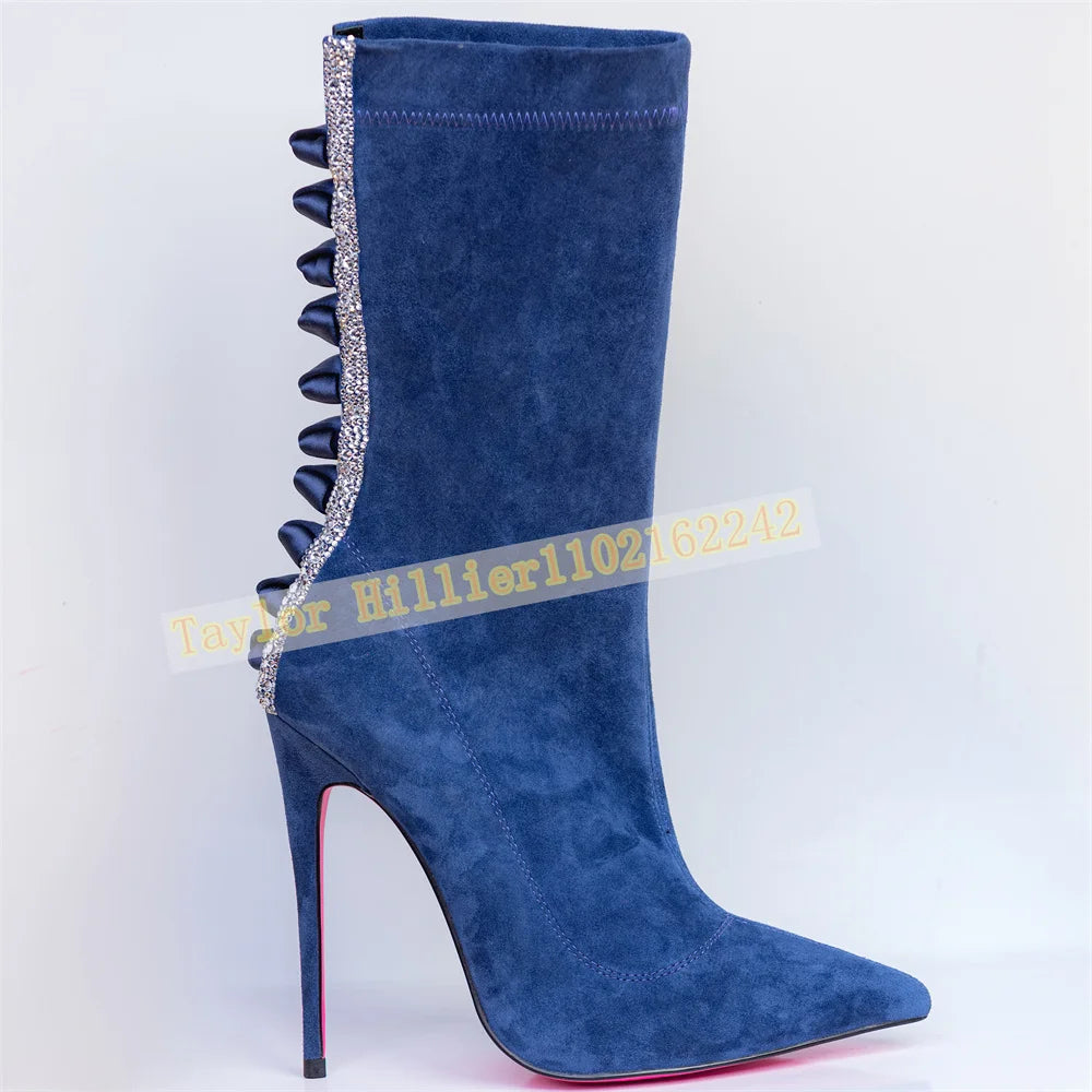 Blue Suede Mid Calf Stiletto Boots with Rhinestone Trim for Women