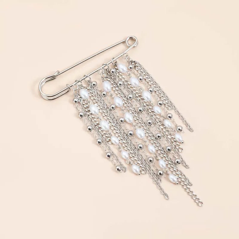 Layered Pearl Heart and Star Tassel Brooch for Women