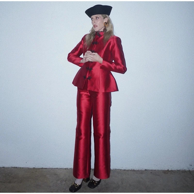 Elegant Satin Frog Button Standup Collar Jacket for Women
