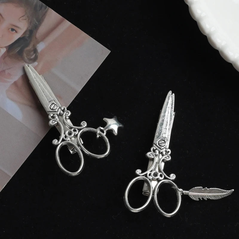 Gothic Punk Scissor Hair Clips With Star And Feather Details for Women