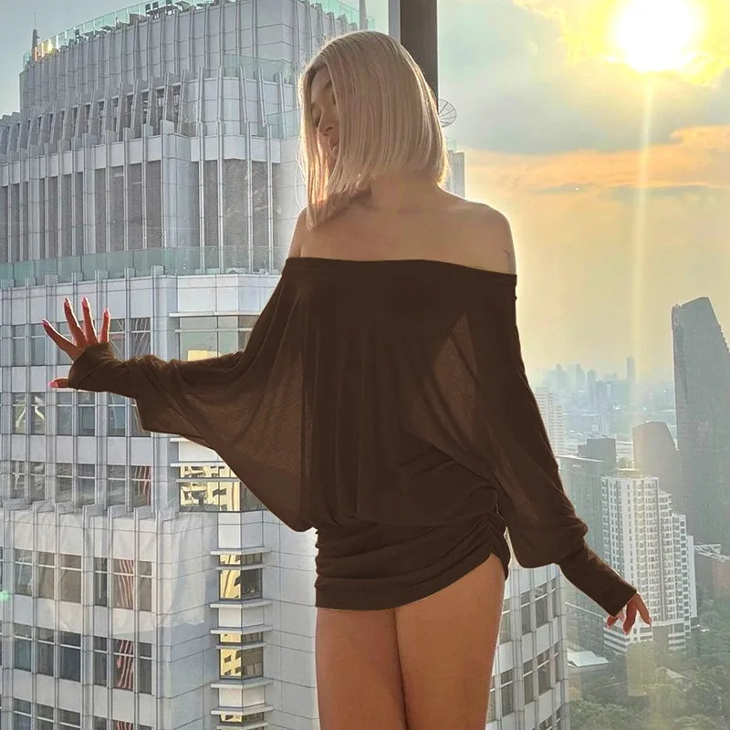Elegant Ruched Off Shoulder Knit Mini Dress For Women