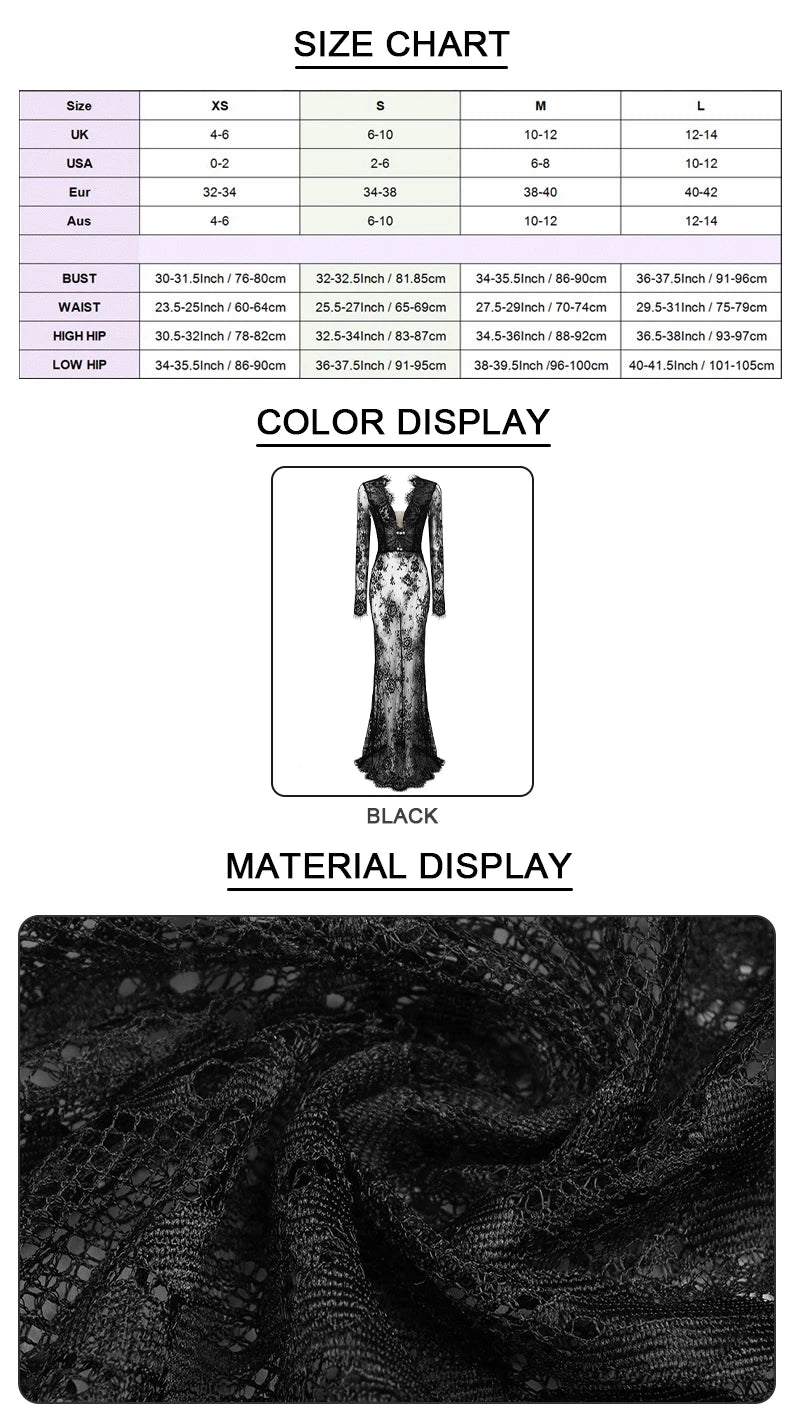 V Neck Long Sleeve Lace Black Evening Maxi Dress for Women
