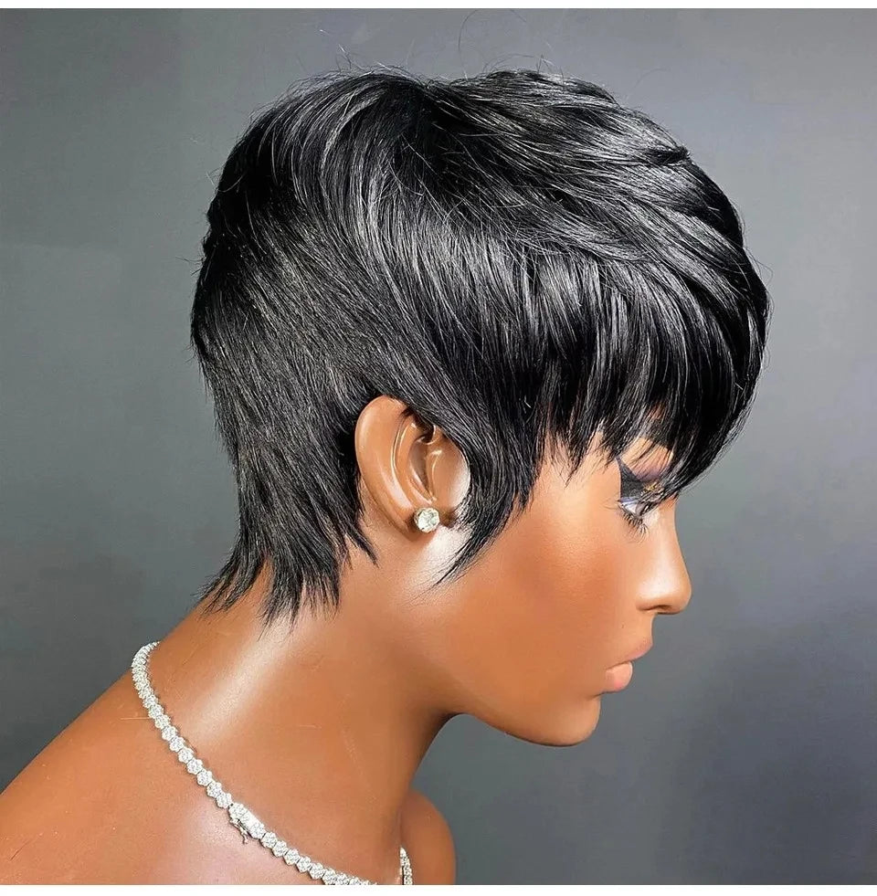 Natural Black Brazilian Human Hair Pixie Cut Wig With Bangs for Women