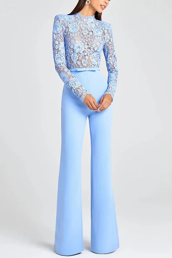 Embroidery Lace Blue Jumpsuits Women Sexy Slim Long-sleeved Belt High Waist Jumpsuit Female 2025 Casual Lady Party Jumpsuits