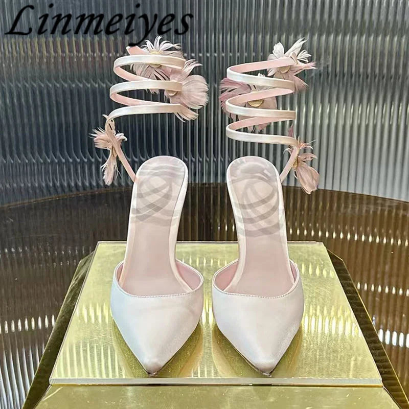 Rhinestone Feather Flower Embellished Ankle Strap High Heel Sandals for Women