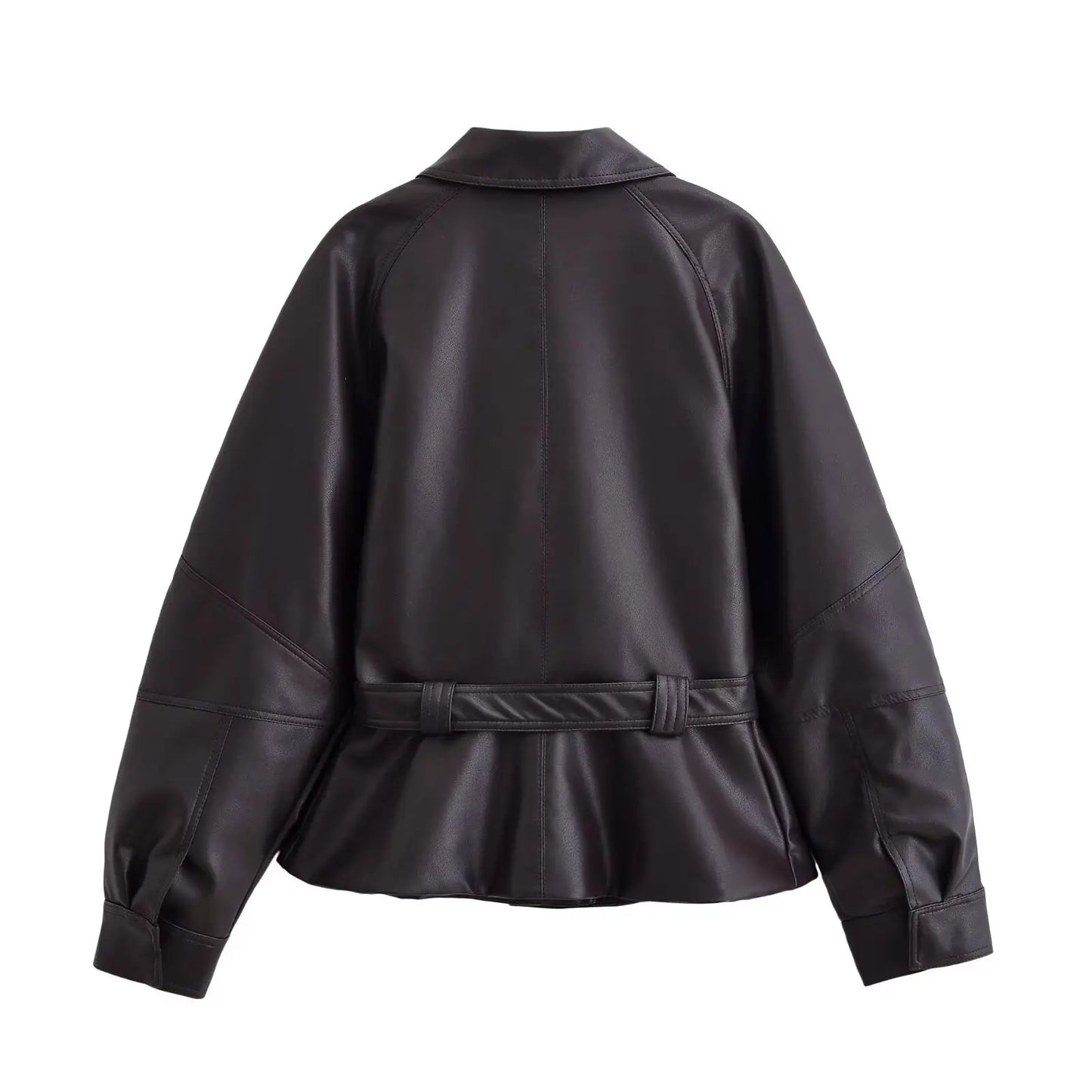 Vintage Black Belted Faux Leather Jacket for Women
