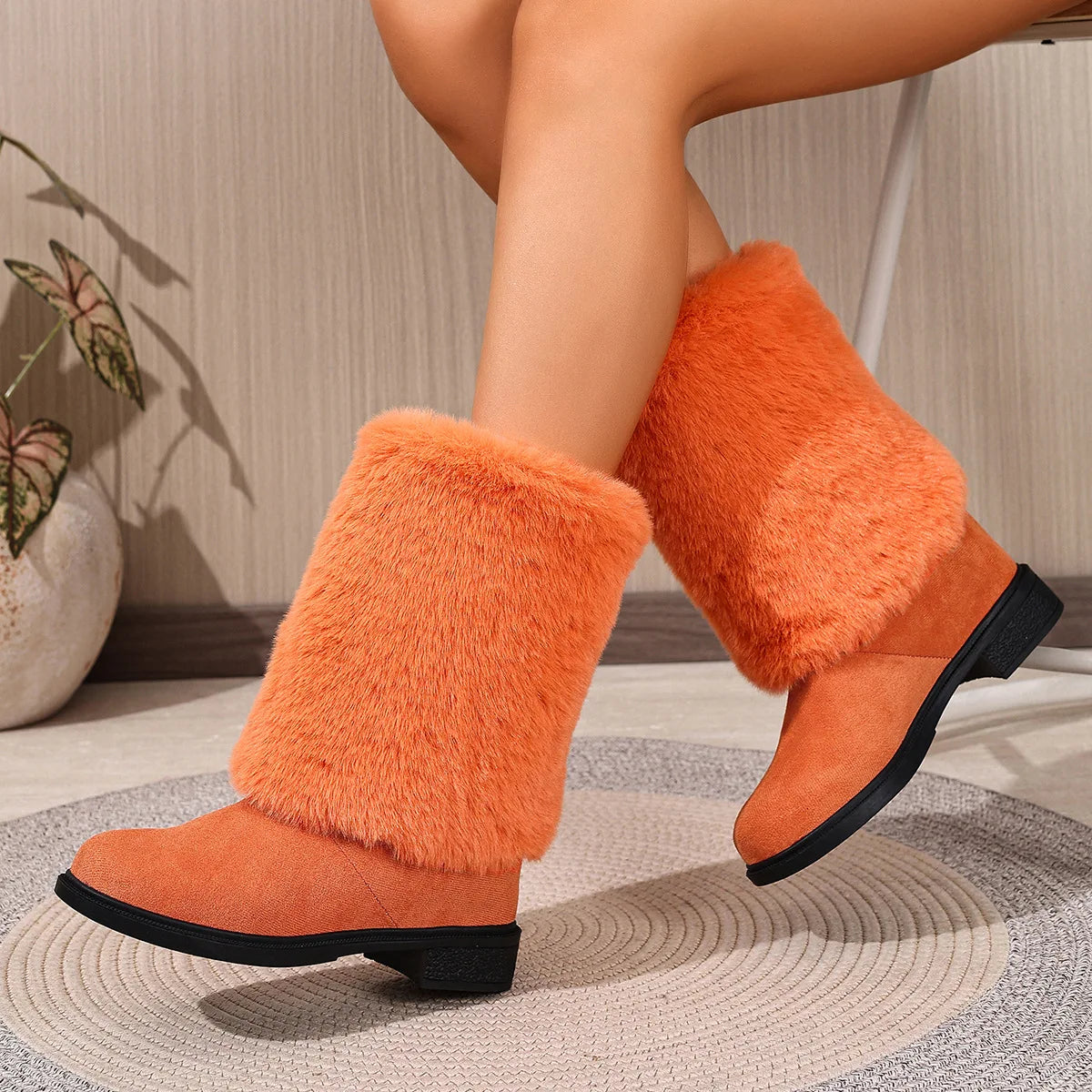 Plush Faux Fur Slip On Mid Calf Winter Snow Boots For Women