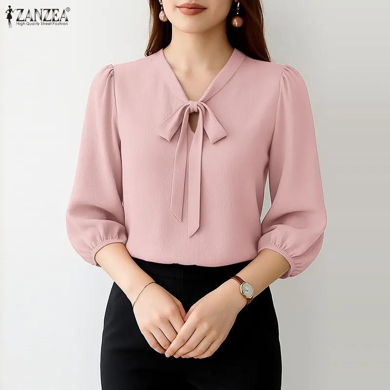 Crinkled Bow Tie Neck Puff Sleeve Blouse for Women