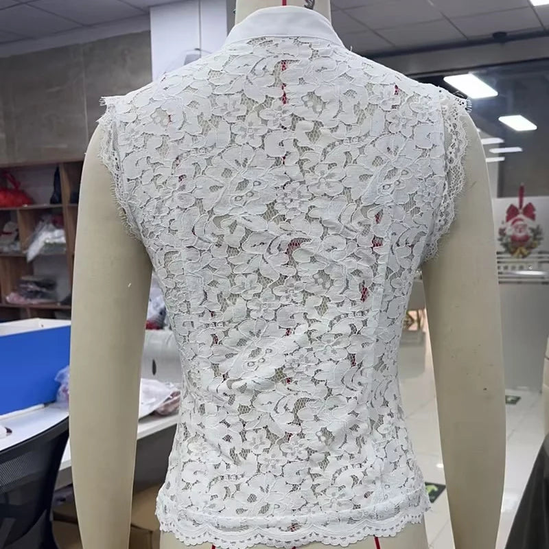 Floral Lace Front Hollow Out Split Mandarin Collar Tank Top for Women