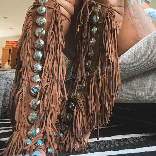 Suede Tassels Sandals Knee High Boots Crystal Glossy Solid Color Cross Strap Fashion Luxury Elegant Concise Women Shoes Newest
