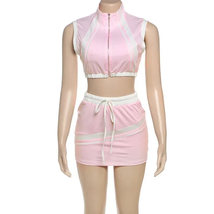 Two Piece Set Women Streetwear 2025 Summer Y2K Sexy Hot Girl Short Zipper Top & Fashion Casual Slimming Wrap Hip Mini Skirt Suit