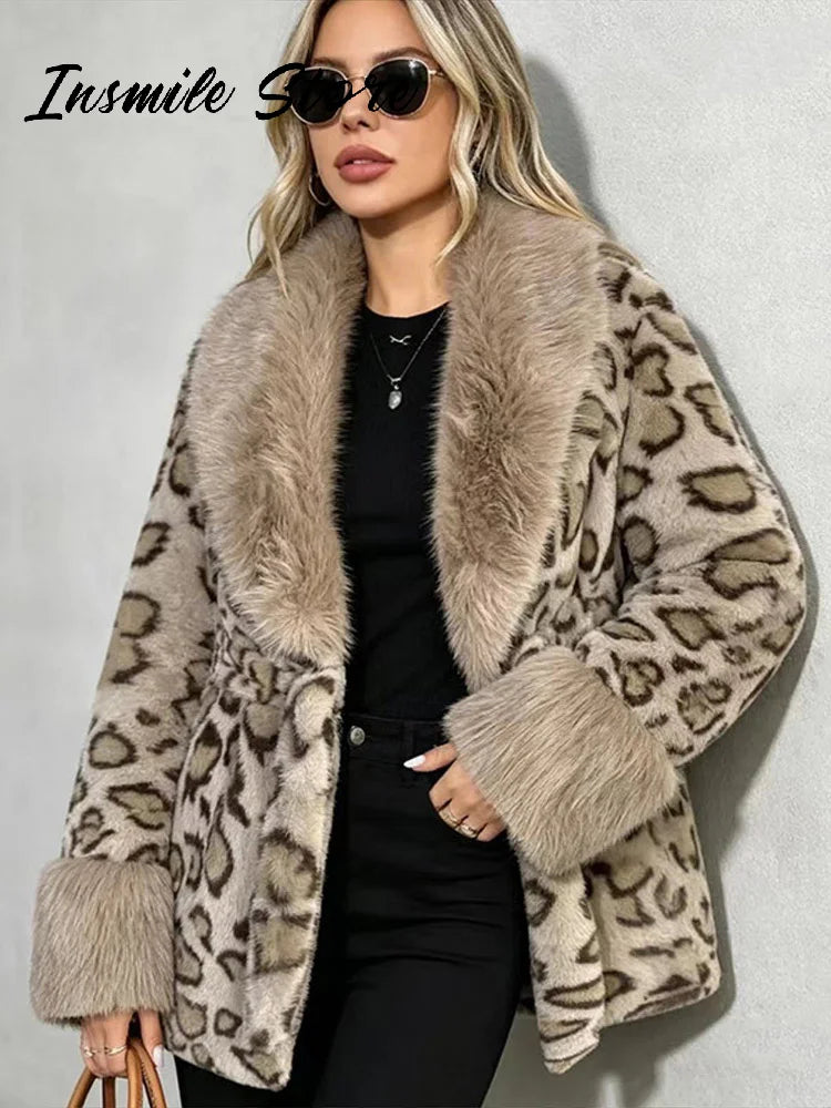 Leopard Print Faux Fur Patchwork Winter Overcoat for Women